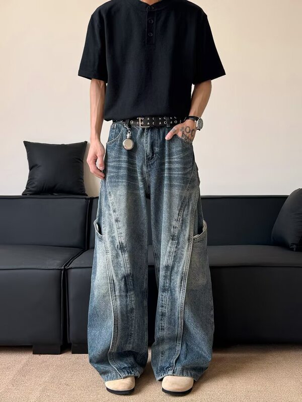 Vintage Men's Jeans Trendy Brand Curved Hem Distressed Straight-Leg Design Washed Cool Deconstructed American Loose Wide-Leg