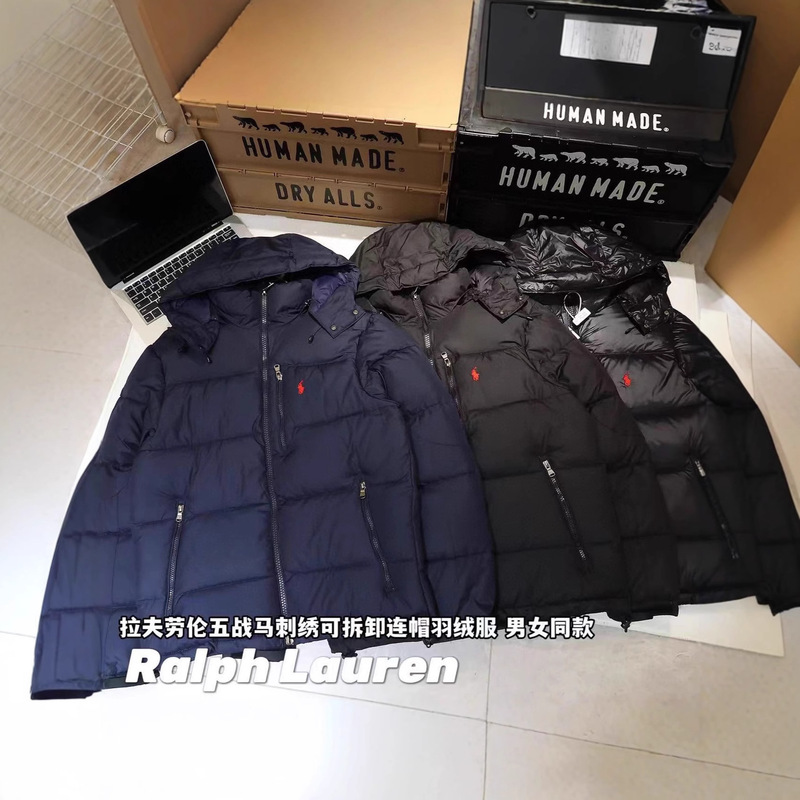 Ralph Lauren Winter Detachable Hat Windproof Men's down Jacket Hooded Outdoor Pony Embroidered Duck down Jacket