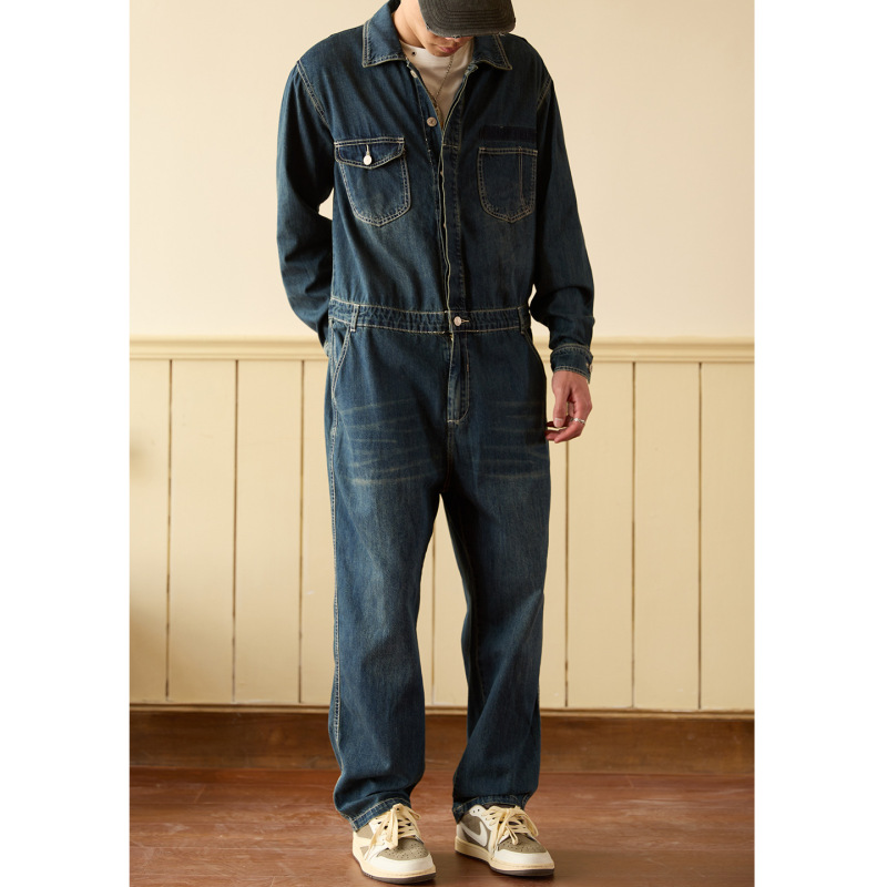 Japanese Retro Denim Workwear Long-Sleeve Suit Men's Trendy Loose Jumpsuit Unisex Overalls