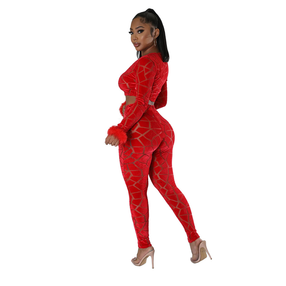 Abbigliamento da donna, top corto a maniche lunghe con pantaloni a matita aderenti, set alla moda in due pezzi_voghion.com