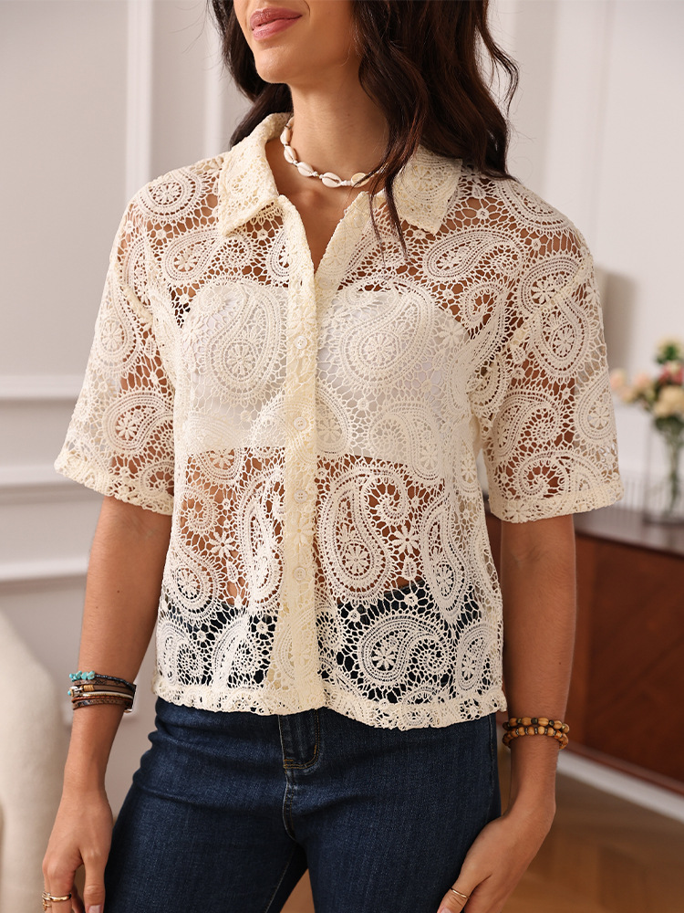 Comercio exterior de Europa y América ropa de mujer de verano nicho de encaje diseño camisa de manga corta temperamento francés camisa versátil image 5