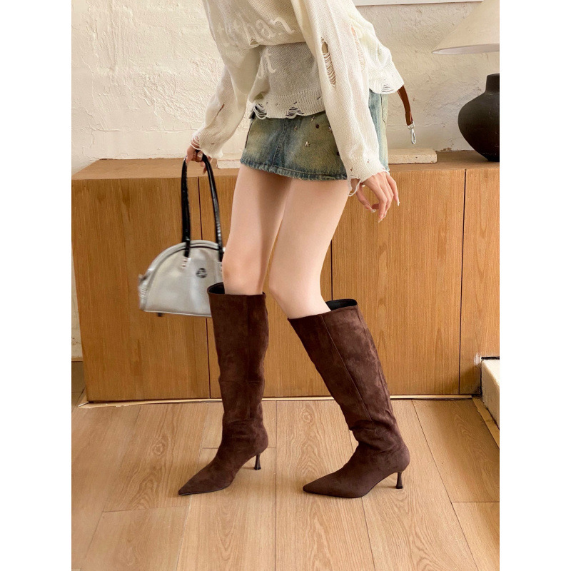 Crazy Star Cluster ~ Genuine Leather Brown Suede High Heel Long Boots for Women, Over-The-Knee Thin Heel Pointed Toe Melard Slim Boots