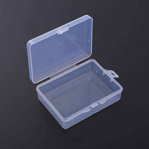 Rectangular transparent plastic box with locking mechanism, featuring hardware components, electronic parts, fishing gear accessories, and decorative items—perfect for packaging and storage.