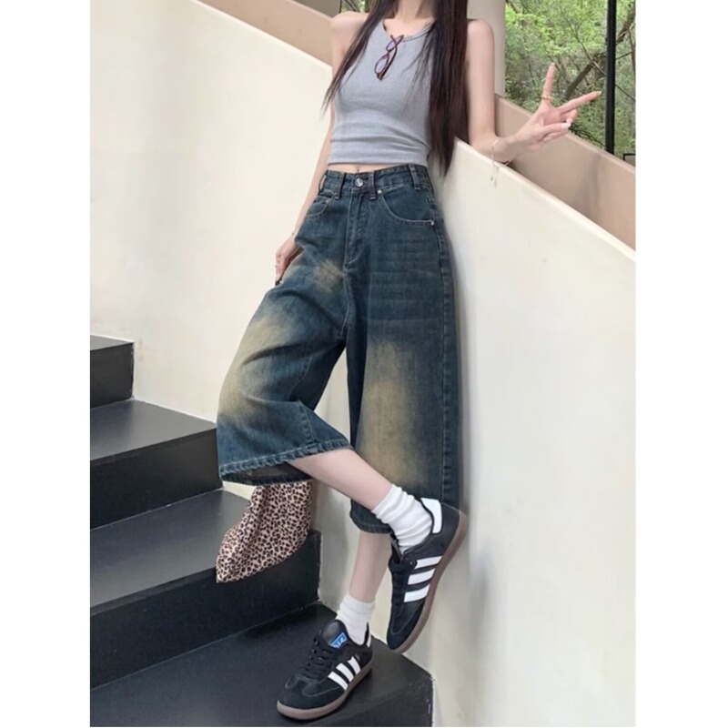 American Retro Casual Trendy Brand Whiskered Washed Vintage Loose Wide-Leg Cropped Denim Shorts with Side Pockets American Retro Casual Trendy Brand Whiskered Washed Vintage Loose Wide-Leg Cropped Denim Shorts with Side Pockets