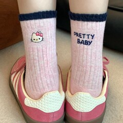 袜子女早秋AB款罗口撞色中筒韩版ins多巴胺个性后跟字母卡通kt猫