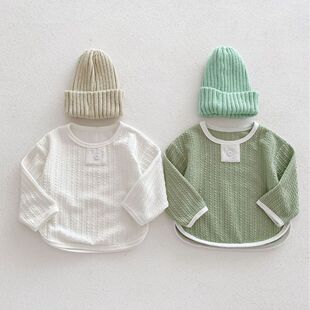 ins South Korea infant children's clothing hemp pattern knitted top children's spring and autumn loose Western style arc edge casual T-shirt