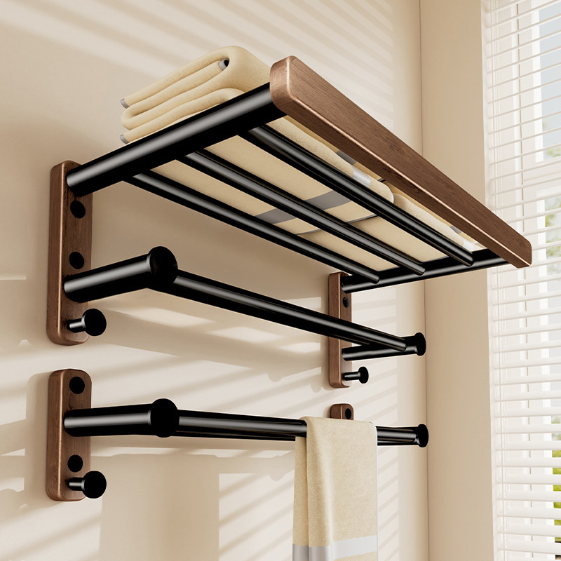 Black Walnut Towel Rack Bathroom Punch-Free Mid-Century Style Storage Rack Space Aluminum Bathroom Towel Rack Storage Rack