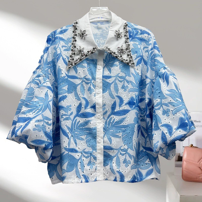 Французский стиль моды моды чувство тяжелой промышленности с бриллиантовым принтом рубашка с высокой талией женская новая темпераментная стройная универсальный топ