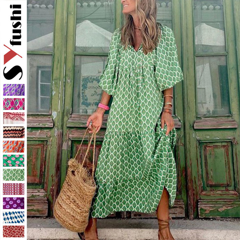 Cross-border Foreign Trade New Women's Loose Fashion Bohemian V-neck Lantern Sleeve Elegant Printed Dress Long Dress