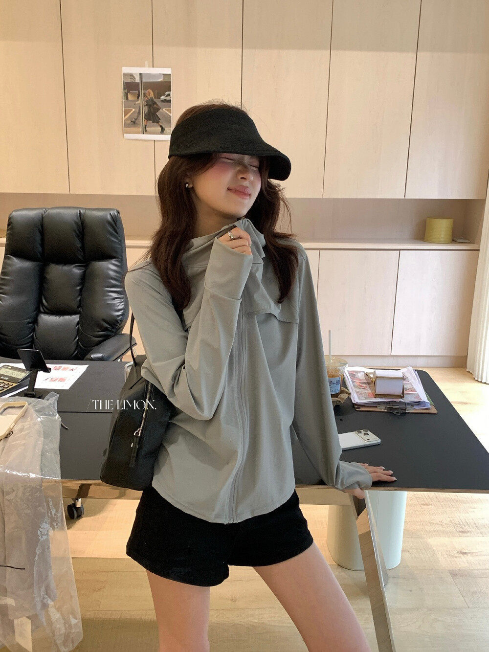 Áo chống nắng nữ dáng dài có mũ kéo khóa tay ngắn phong cách thoải mái — Vàng nhạt, hồng nhạt, màu trắng, màu xám chi tiết 10