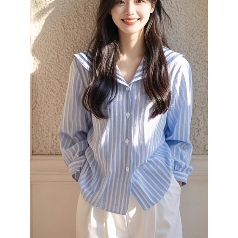 French-Style Blue Striped Sailor Collar High-End Long-Sleeved Shirt Dopamine High-Fashion Elegant Blouse Women's Spring and Autumn Clothing