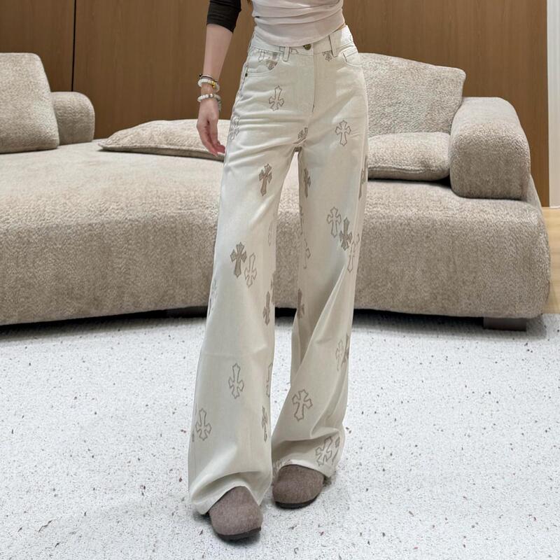 Sweet and cool style beige cross-pattern wide-leg jeans for women, Nanyou full-print jacquard high-waisted loose-fitting hip-covering slimming straight pants Sweet and cool style beige cross-pattern wide-leg jeans for women, Nanyou full-print jacquard high-waisted loose-fitting hip-covering slimming straight pants