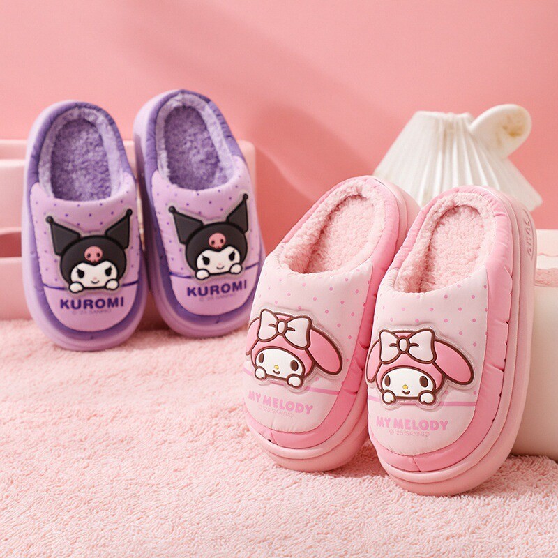 Waterproof Kidsren's Cotton Slippers Sanrio Winter Cute Kuromi Warm Home Non-Slip Thick-Soled Girls Plush Slippers