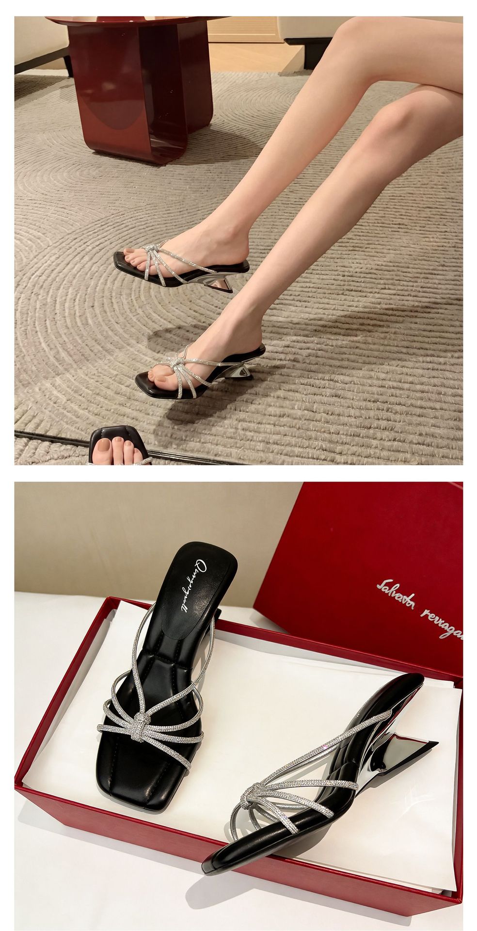 Sandal cao gót nữ mũi vuông quai ngang đính đá pha lê gót xuồng 9 cm — màu đen, màu trắng ngà, màu nude chi tiết 14