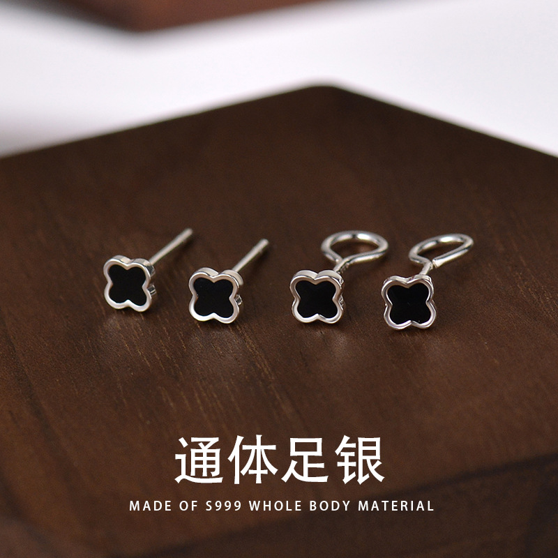 四葉草耳釘女S999銀小眾設計感小清新甜美耳鈎養耳洞睡覺不用摘耳