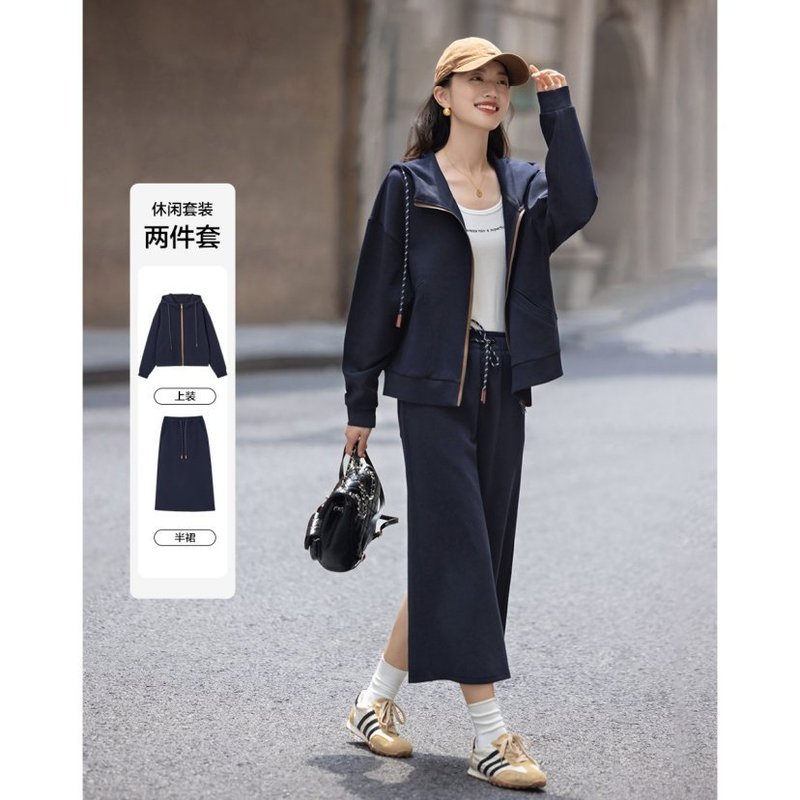 都市休闲卫衣套装女25秋季新款连帽开衫上衣直筒半裙两件套|undefined