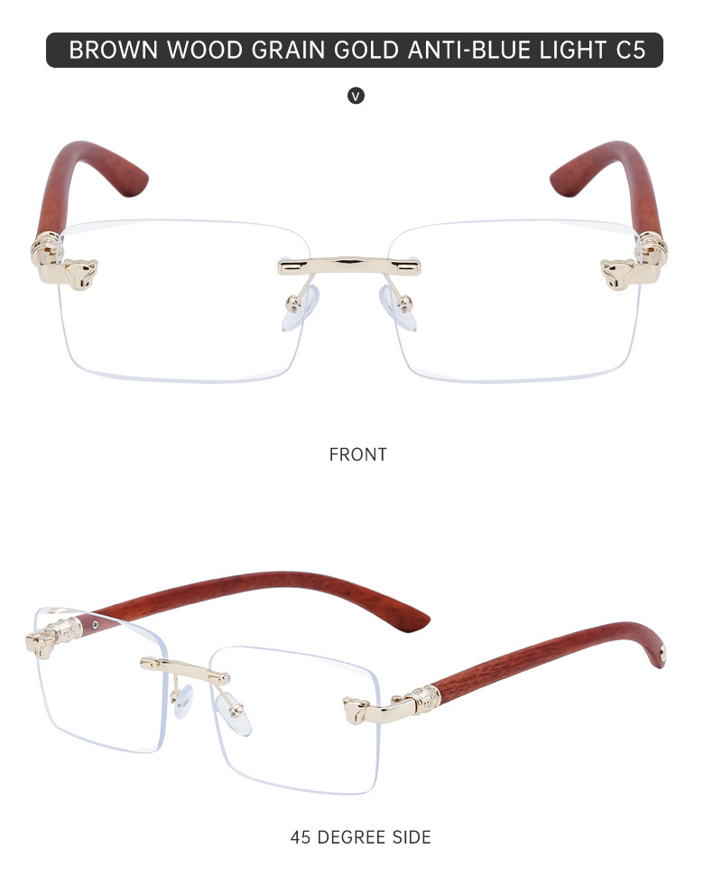 2024 Neue europäische und amerikanische rahmenlose Retro-Sonnenbrille für Herren mit Spiegelbeinen aus Holzmaserung und Sonnenbrille für Herren_voghion.com