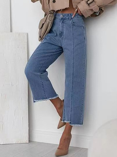 Independent station cross-border women's denim frayed straight leg nine-hole jeans, high-waisted, flattering, versatile jeans