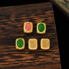 S925银镀金镶嵌红纹石旦形五条经文戒面配件DIY原创清新百搭配饰