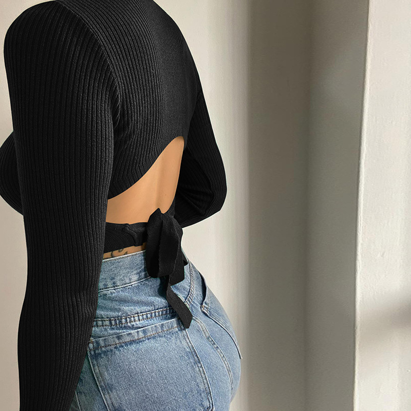 Casual Solid Color Round Neck Long Sleeve Regular Sleeve Patchwork Backless T-shirt