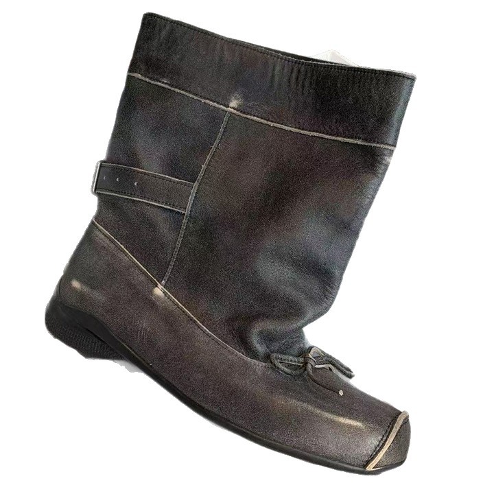Lammfell-Version ~ Quadratische Retro-Schleife, dicke Sohle, kurze Ballettstiefel, schmale Passform, großer Schaftumfang, gerader Schaft, Western-Cowboystiefel_voghion.com