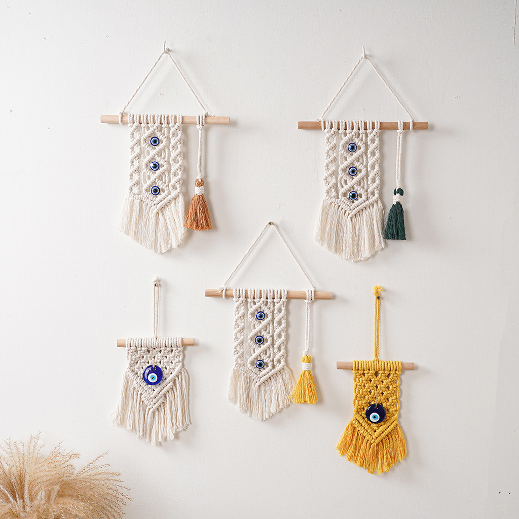 Cross-border best-selling tassel woven cotton rope Turkish eye small hanging tapestry children's room decoration photo prop wall hanging