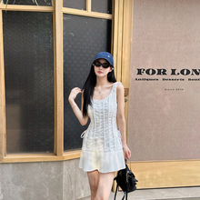 拼接百褶绑带连衣裙夏季新款设计款氛围感圣诞小短裙约会百褶裙