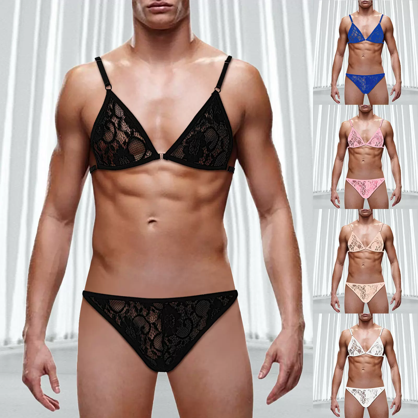 男士三点式套装 性感蕾丝丁字裤三点文胸 透视镂空t裤内衣内裤