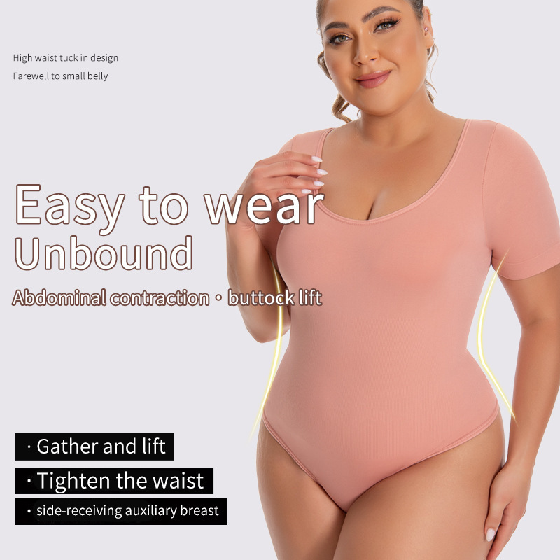 Cross-Border Exclusive Supply of Tiktok Large-Size Export Waist-Protecting Seamless Tummy Control Short-Sleeved Thong Shapewear Waist-Slimming Bodysuit