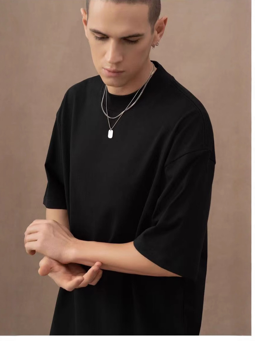 310g pesado cuello pequeño camiseta de cuello alto de manga corta europea y americana hombre de hombro caído casual pareja casual en la parte superior versátil