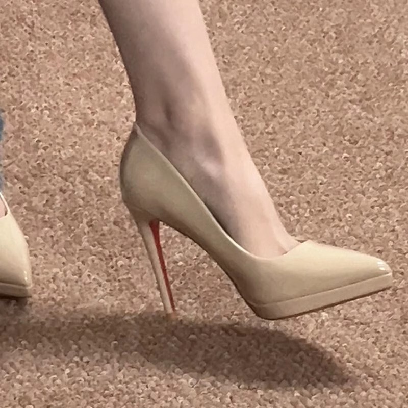 Soft leather nude high heels women 2024 new waterproof platform red bottom patent leather pointed sexy stiletto heel single-layer shoes for women