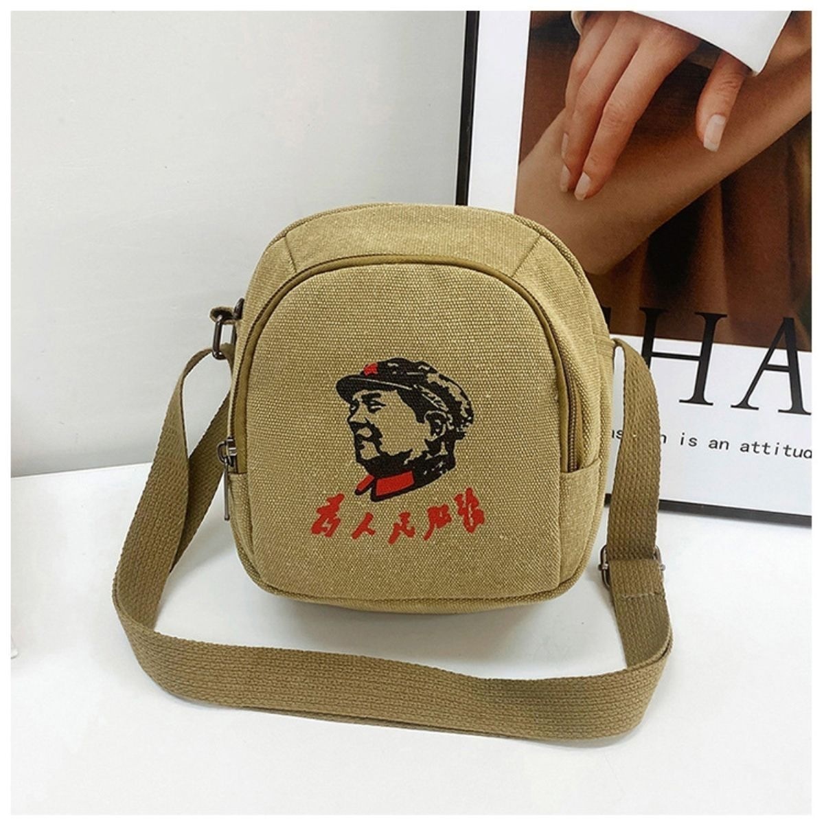 Crossbody bag, five-star shoulder bag, vintage Lei Feng bag, "Serve the People" canvas bag, retro Red Army bag, five-star bag