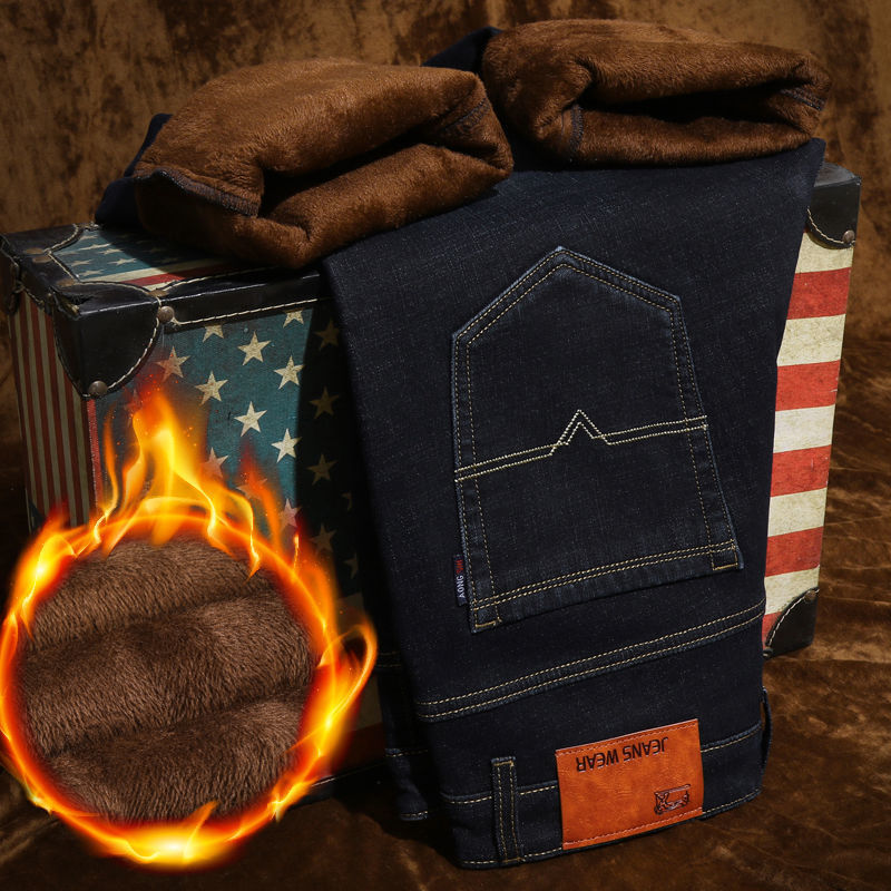Otoño e invierno hombres más jeans gruesos de terciopelo hombres al por mayor pantalones de pierna recta sueltos de todo fósforo casuales pantalones de algodón cálidos y resistentes al desgaste hombres