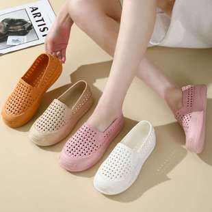 Summer White Thick-Soled Girls' Sandals, Hollow Toe-Toe Clogs, Breathable Beach Shoes, Waterproof, Non-Slip Rain Boots, Soft Soles