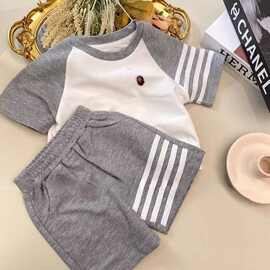 童装套装2025新款夏季条纹插肩短袖T恤男童短裤运动上衣帅气潮流