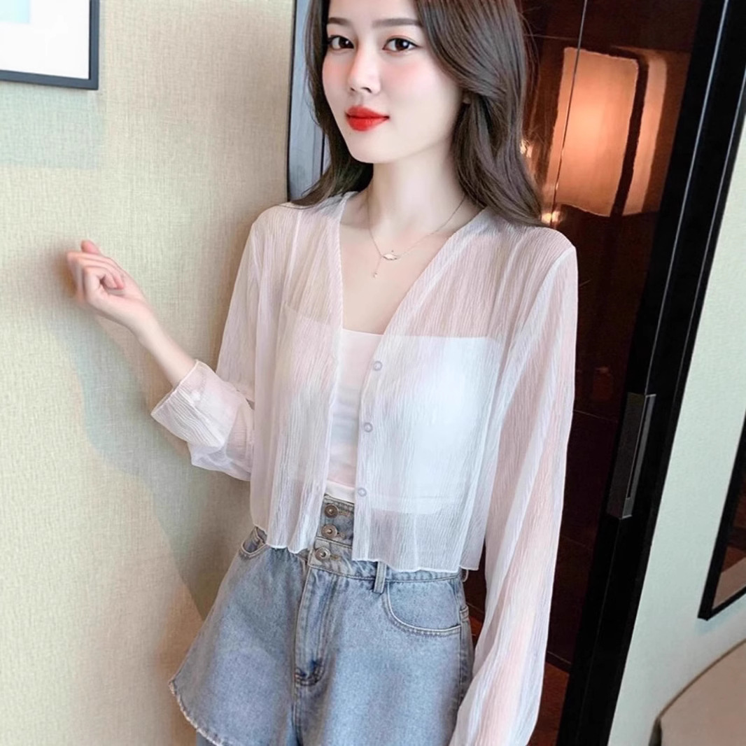 Women's summer thin black and white chiffon cardigan with suspender dress, sun protection cover-up, small shawl jacket