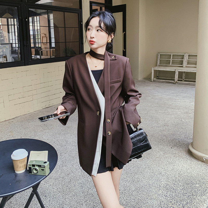 Real Shot of Brown Ribbon Fake Two-Piece Slim Suit 2025 New Fashionable and Cool Contrasting Color Stitching Petite Suit