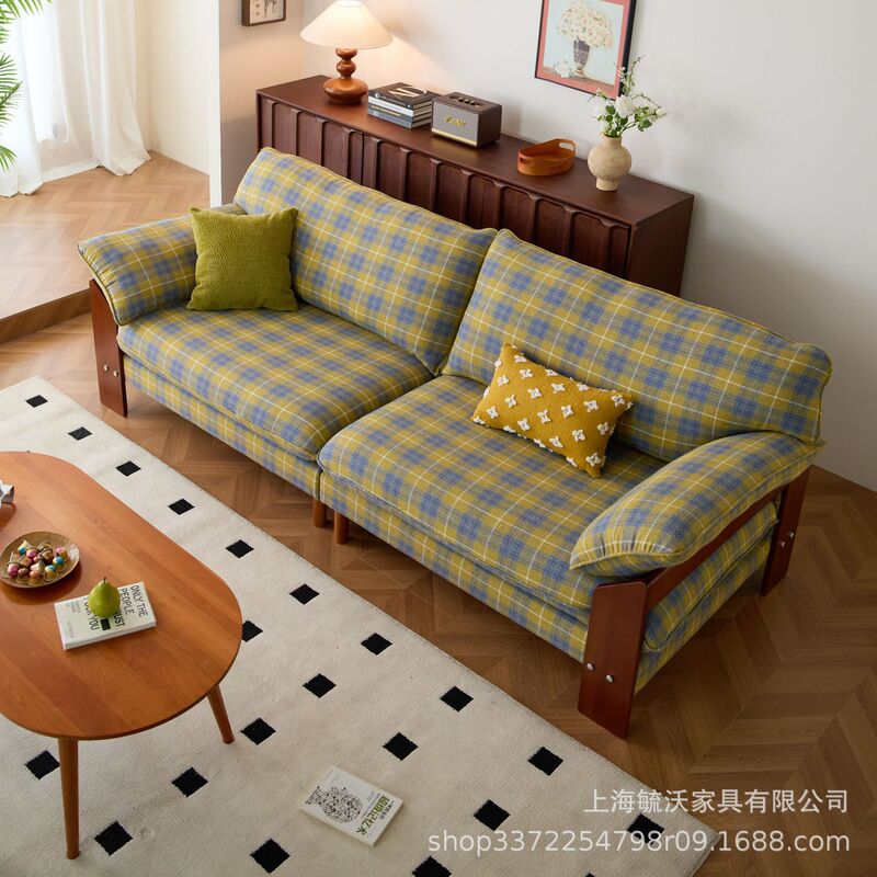 复古格纹沙发设计师小户型客厅中古风布艺可拆洗三人位实木沙发|undefined