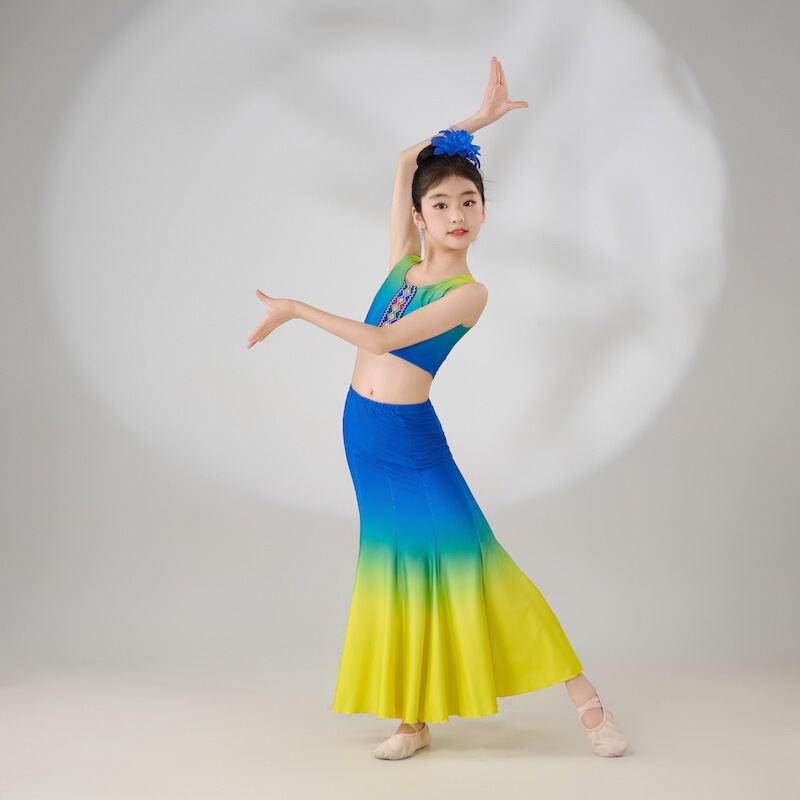 子供用ダイダンス衣装、女の子用フィッシュテールスカート、ヒップカバーハーフスカート、孔雀舞衣装、練習用スカート|undefined