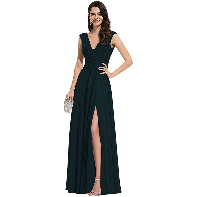 Bridesmaid Dress Amazon independent station V-neck lace A- line chiffon dress long elegant high waist split slimming dress