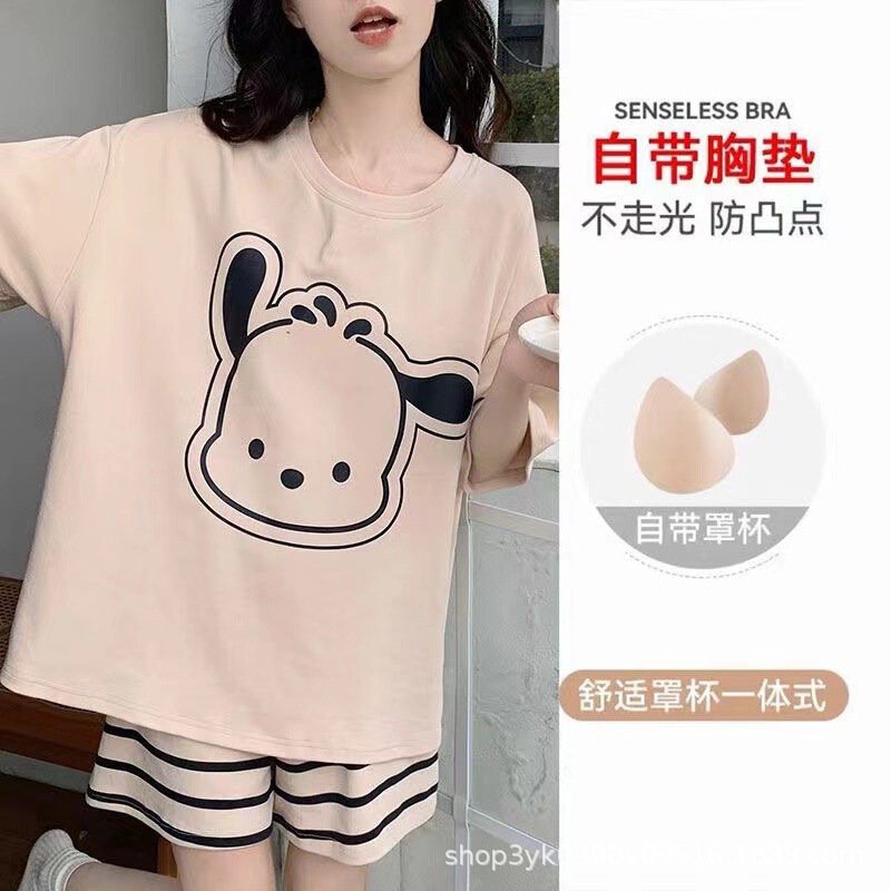 Summer Pajamas for Women with Breast Pads for Small People, Cute Internet Celebrity Style Pacha Dog Short-Sleeved Women's Home Clothes That Can Be Worn Outside