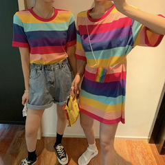 ヒョナ風レインボーストライプ半袖ニッチTシャツレディースインストラントレンド超人気cecミドル丈ルーズトップ