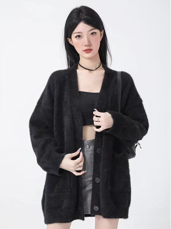 慵懒风仿水貂绒毛衣外套女秋冬日韩宽松大版口袋V领针织开衫女|undefined