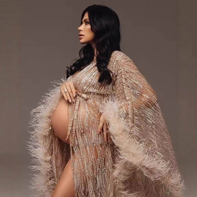 Cross-Border Wholesale Gold Party Dress with Glitter Sequins, Ostrich Feathers, Bell Sleeves, Maternity Dress with Shiny Gold Spray