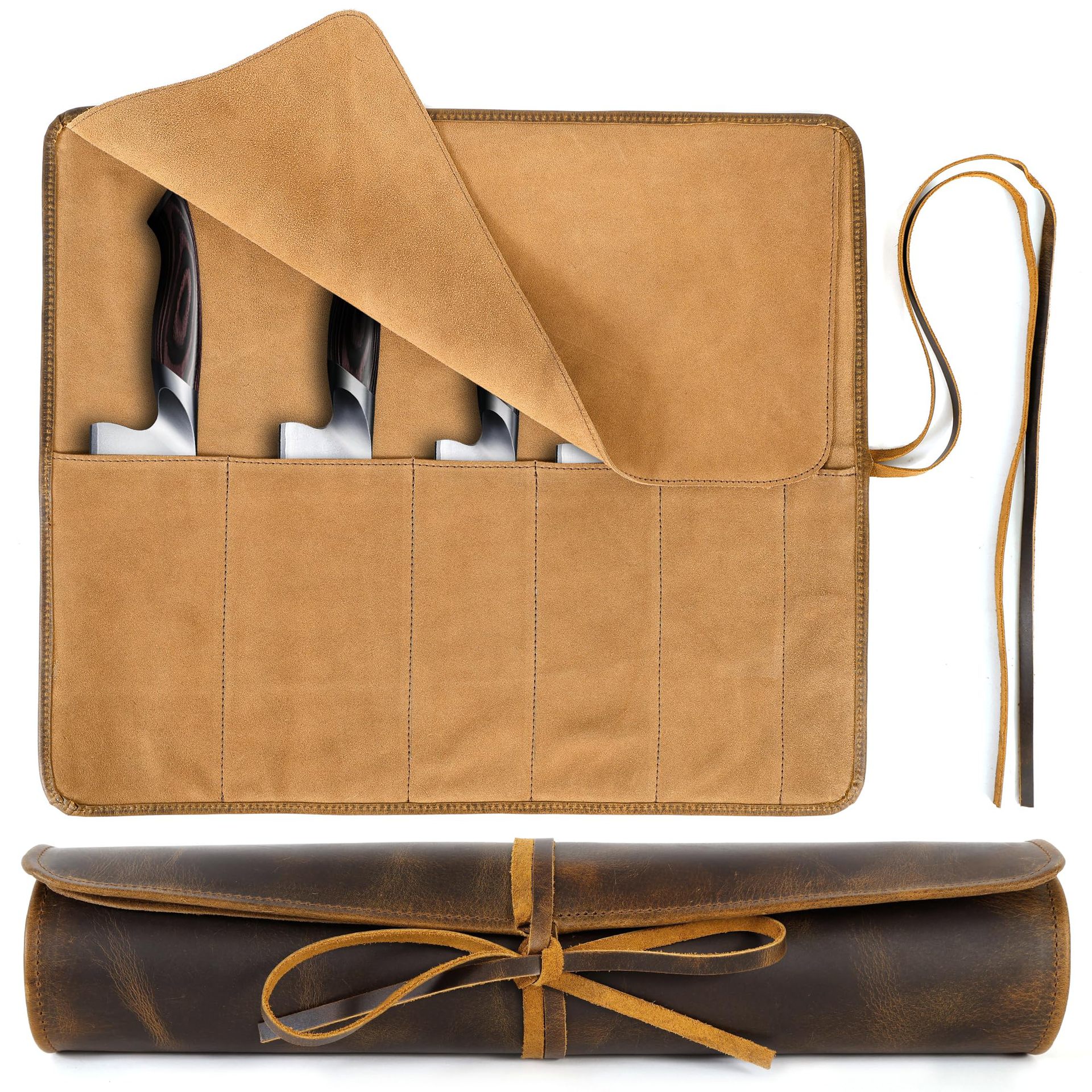 European-style top-layer cowhide knife storage bag, knife sheath, kitchen microfiber velvet knife pouch, kitchen knife storage roll bag