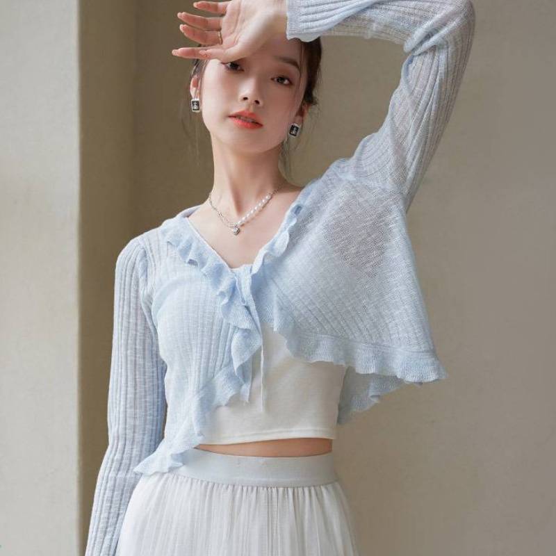 Auricularius Sunscreen Ice Silk Knitwear Cardigan Women's Summer Skirt with Suspender for Air Conditioning Blouse Short Shawl Top