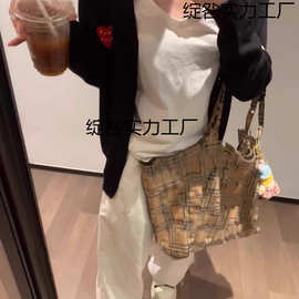 2025款复古格纹橙色格子大容量时尚包高腋下颜值通勤托特单肩包邮