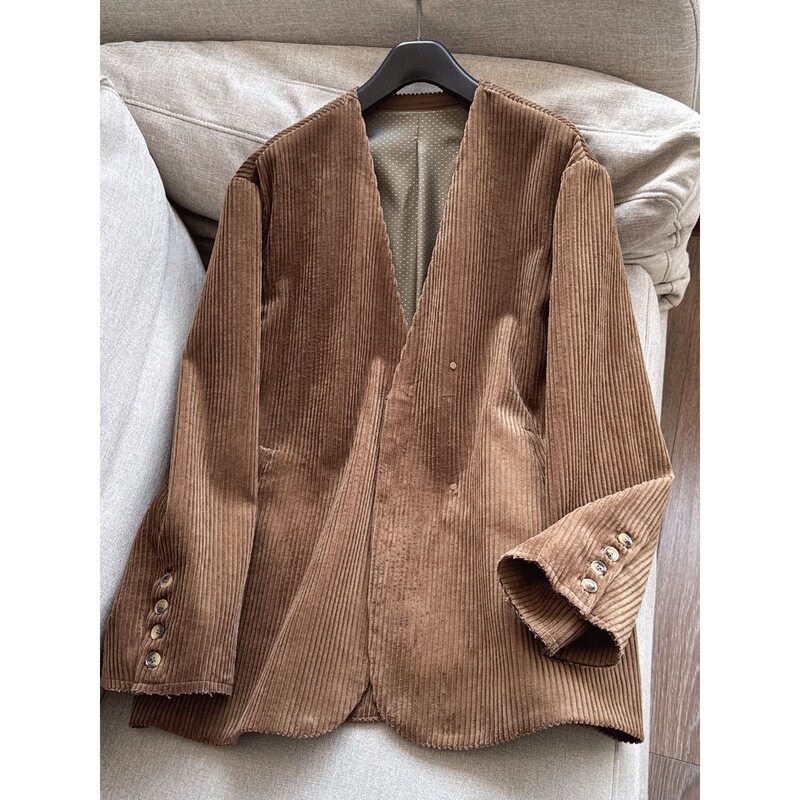 2026 Spring New Style Casual Elegant Retro Style Corduroy V-Neck Slightly Oversized Blazer Jacket Wholesale H15Cw1283