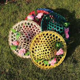 彩色竹编儿童舞蹈斗笠成人帽子镂空跳舞道具花朵斗笠帽广场舞