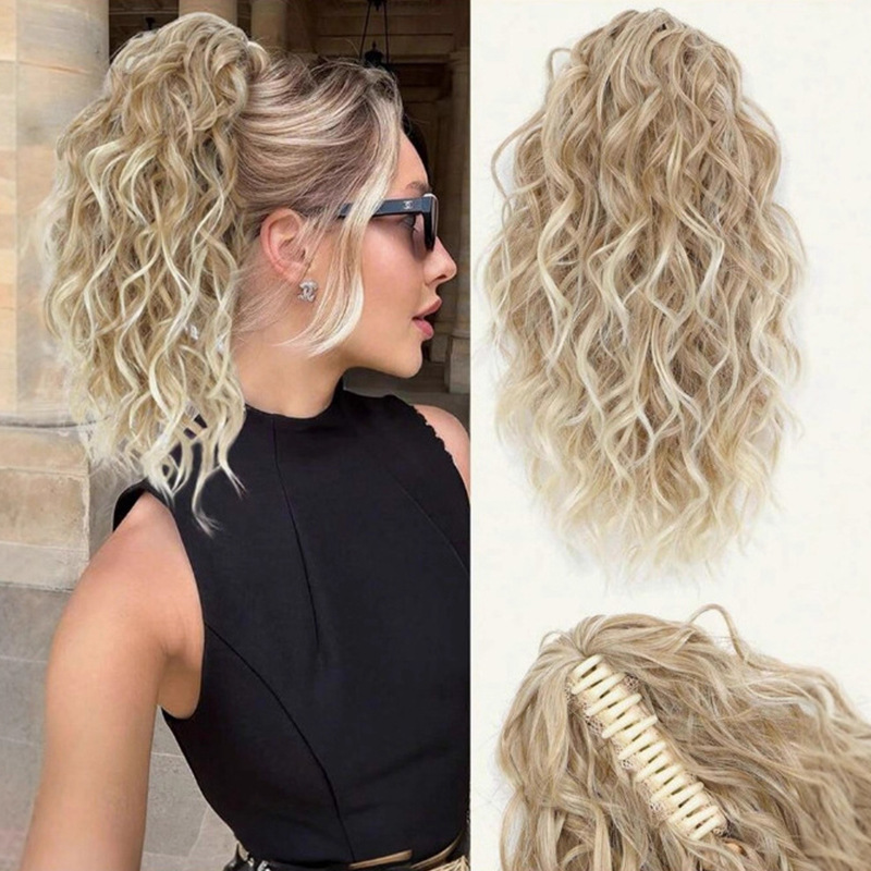 Foreign Trade European And American Hot-Selling Wig Short Curly Clip Drawstring Ponytail High-Temperature Fiber Fluffy_voghion.com